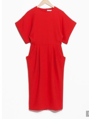 & Other Stories Bright Red Short-Sleeve Midi Dress with Pockets